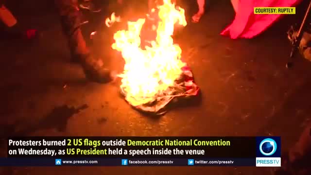 [28th July 2016] American flags burned outside DNC as Obama delivers speech | Press TV English