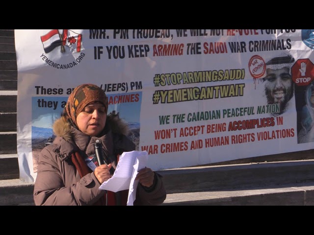 Ottawa Mark 4th year of Illegal war on Yemen  A Yemeni Sister speaks infront of Parliament Hill Ottawa - Arabic